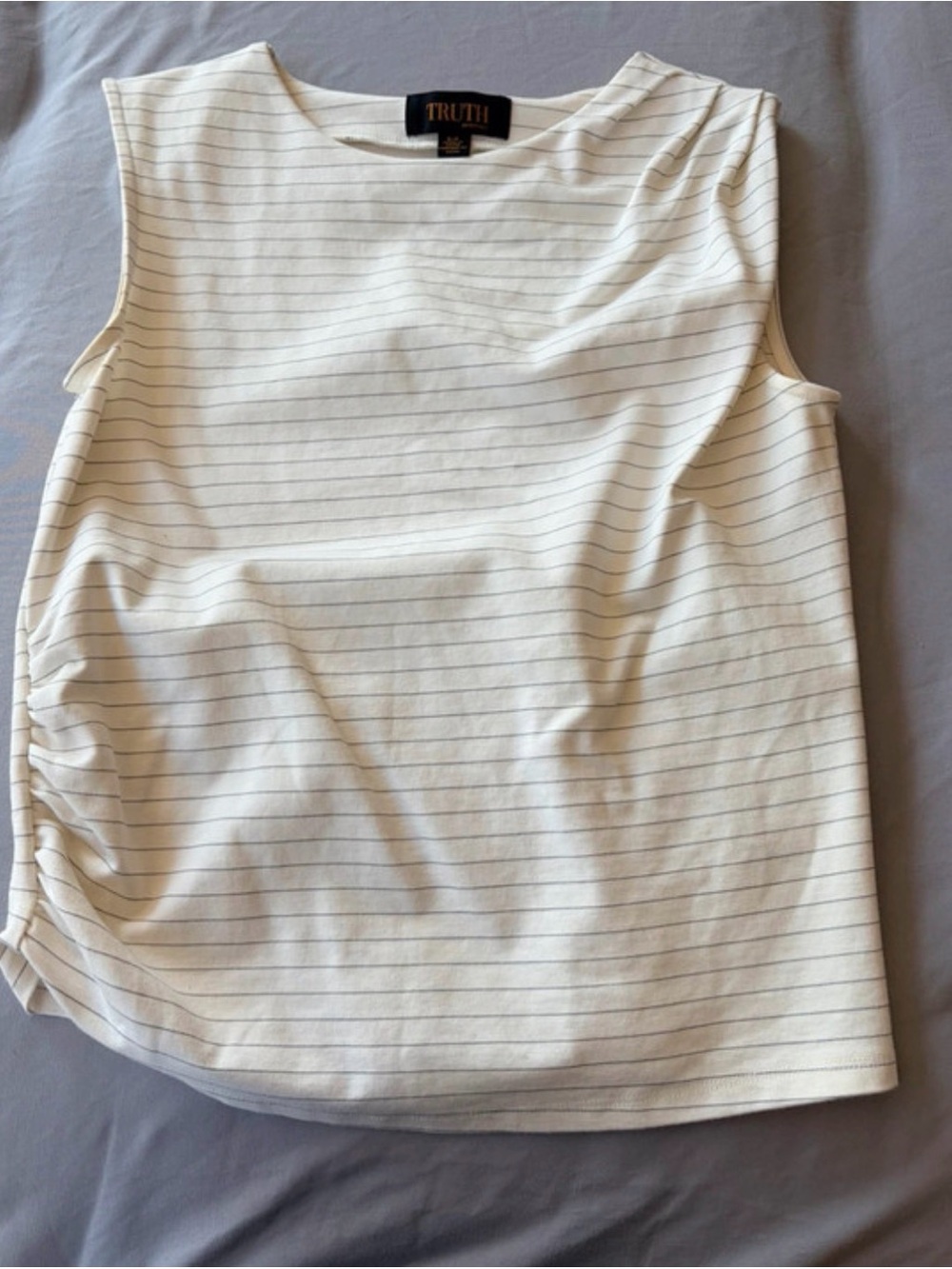 TRUTH Sleeveless White Striped Side-Ruched Top